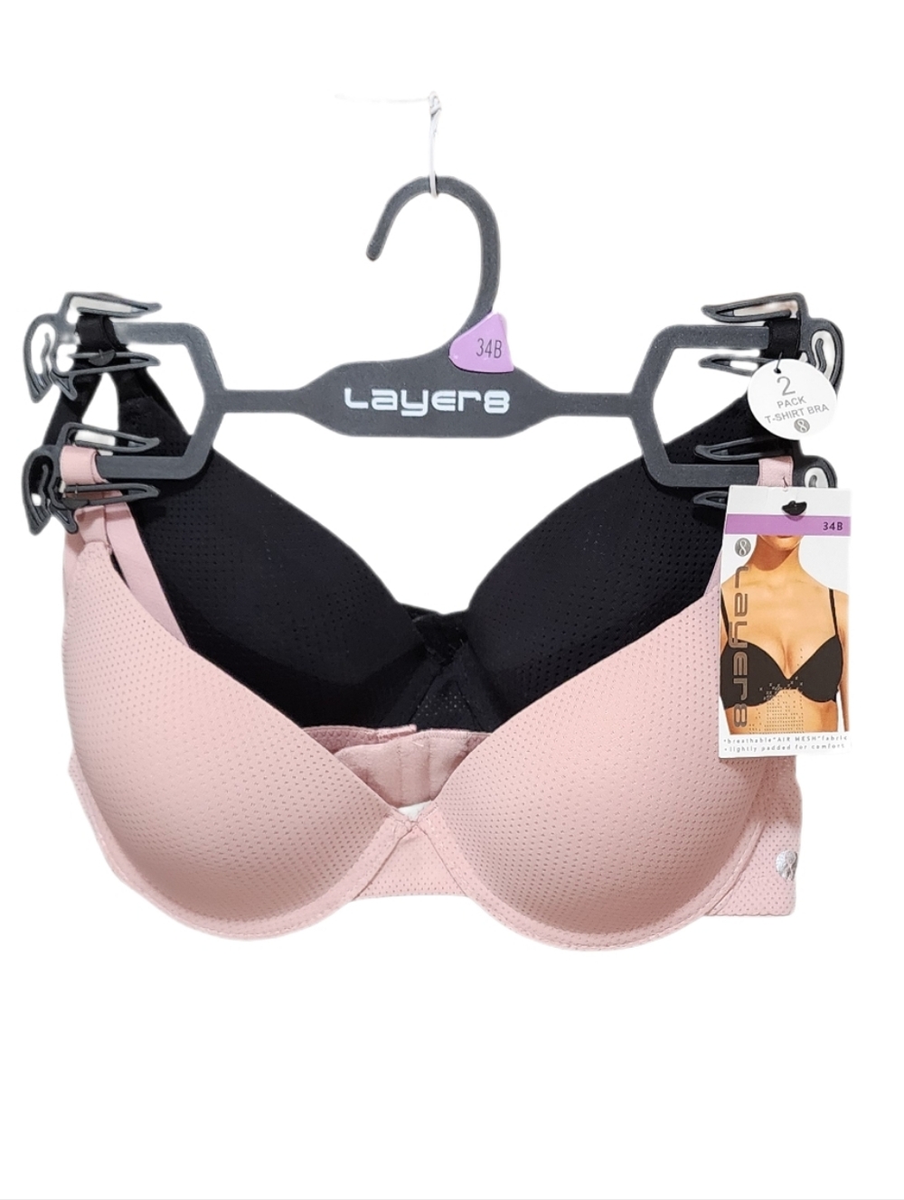 Layer 8 Air Mesh T-Shirt Bra 2-pack Padded Cup Underwire Adjustable Straps 34B